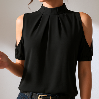 Sabine | Blouse Noire Plissée à Manches Fendues™